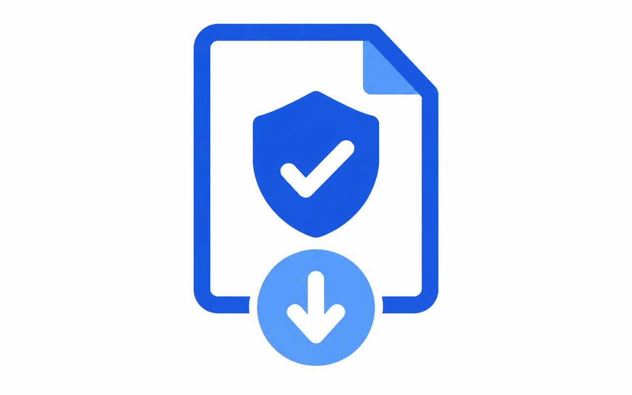 Icon of a report sheet with a verified shield and download arrow